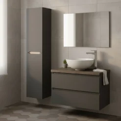 Set Mobili Bagno Nero Antracite Marrone Specchio Incluso 2 Cassetti, 2 Ripiani - Tauro