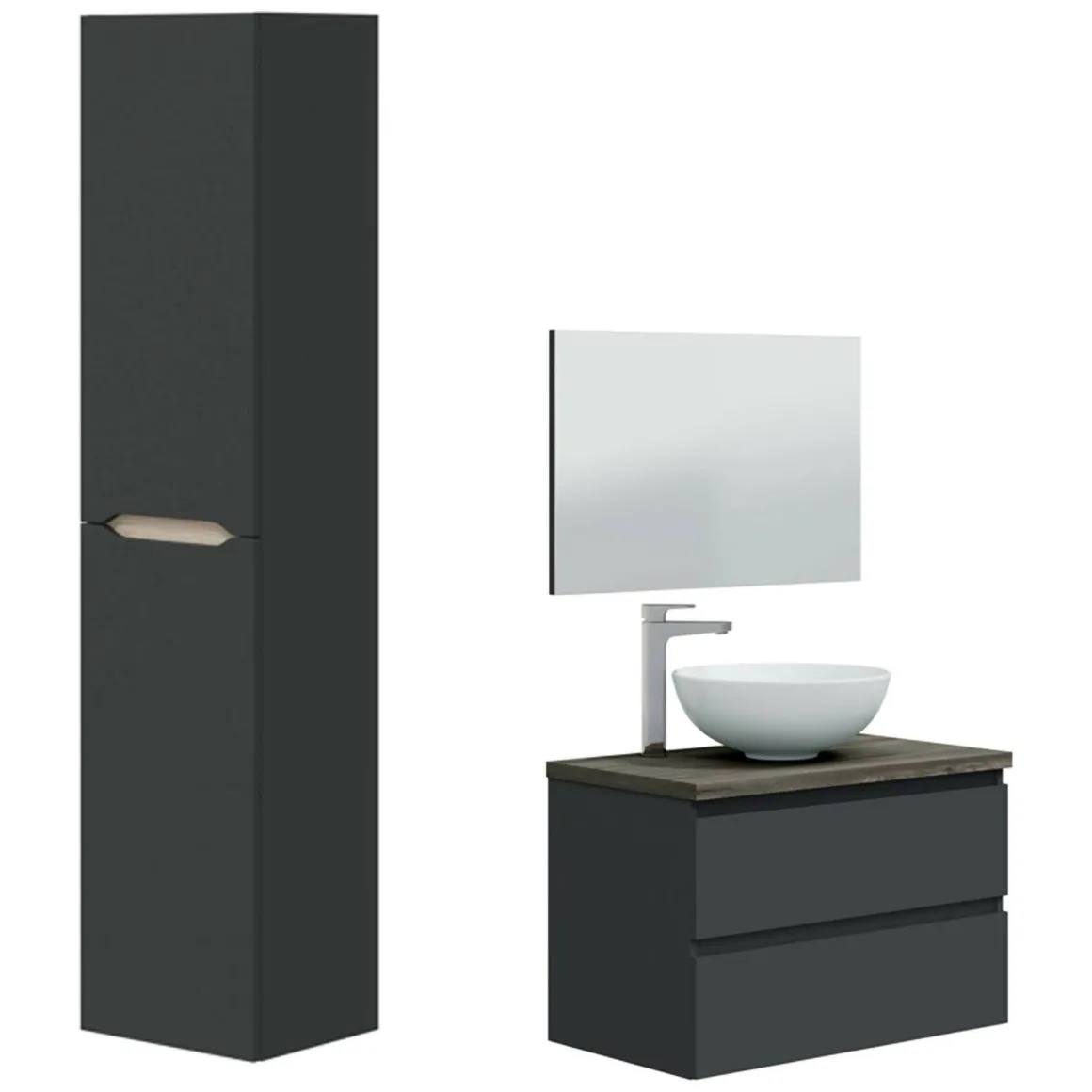 Set Mobili Bagno Nero Antracite Marrone Specchio Incluso 2 Cassetti, 2 Ripiani - Tauro