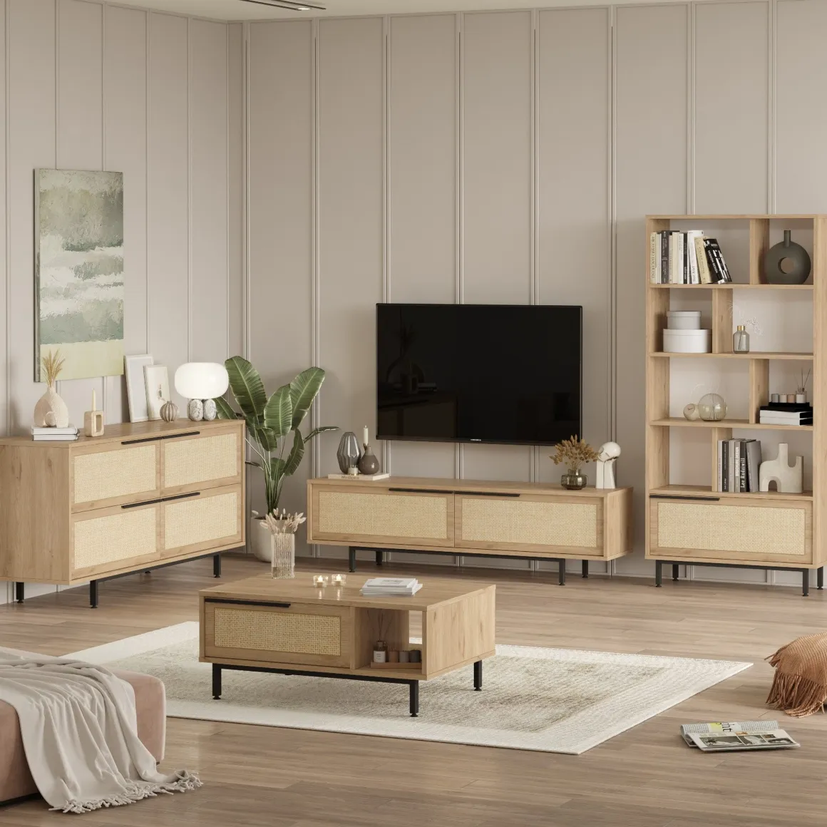 Mobili Soggiorno > Dmora Set Mobili da Soggiorno Beige Marrone Rovere Modulabile 8 Ripiani, 7 Ante - Odolo Marrone, Beige Rovere