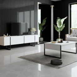 Mobili Soggiorno > Dmora Set Mobili da Soggiorno Bianco oro Modulabile 4 Ripiani, Apertura Battente, a Ribalta - Pignano Oro, Bianco