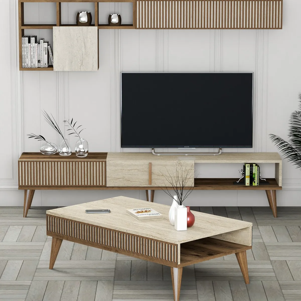 Mobili Soggiorno > Dmora Set Mobili da Soggiorno Marrone Beige Marmo Modulabile 9 Ripiani, 2 Ante - Cassacco Beige, Marrone Marmo