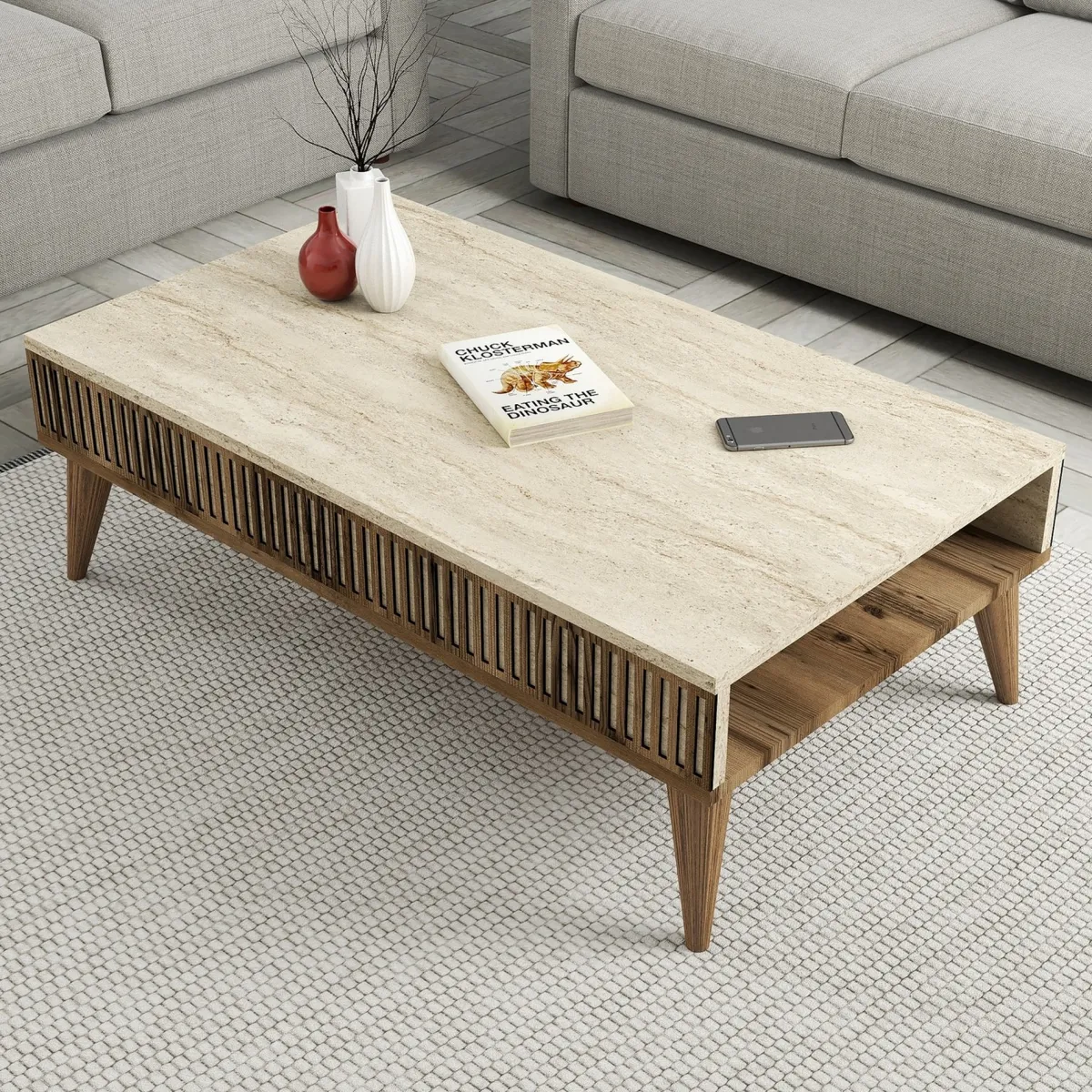 Mobili Soggiorno > Dmora Set Mobili da Soggiorno Marrone Beige Marmo Modulabile 9 Ripiani, 2 Ante - Cassacco Beige, Marrone Marmo