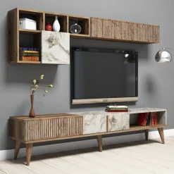 Mobili Soggiorno > Dmora Set Mobili da Soggiorno Marrone Noce Bianco Modulabile 7 Ripiani, Un'anta - Mazzano Bianco, Marrone Noce
