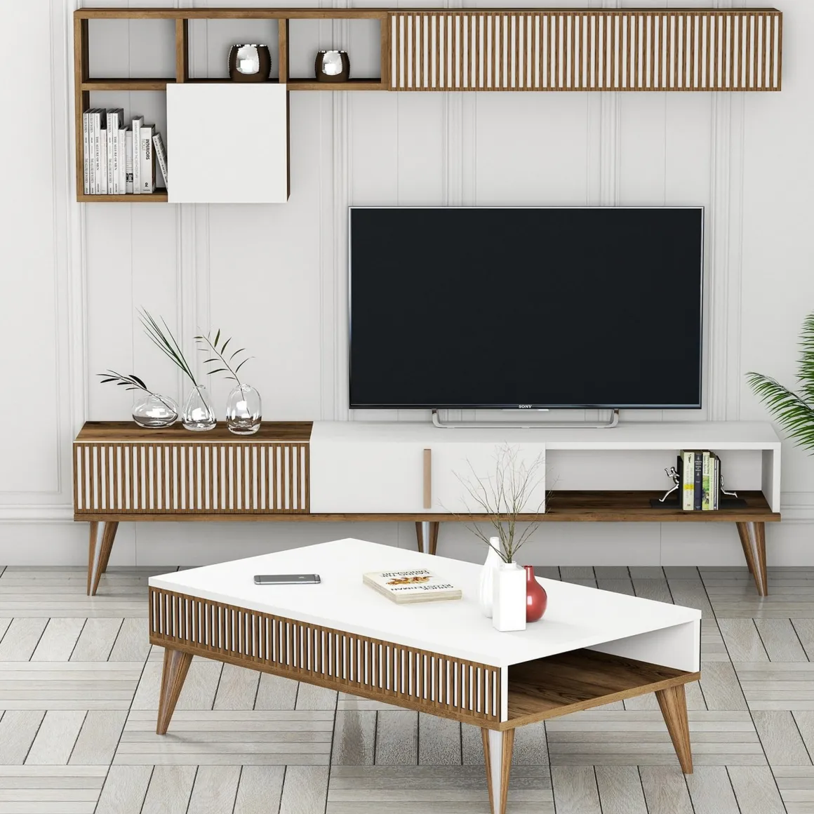 Mobili Soggiorno > Dmora Set Mobili da Soggiorno Marrone Noce Nero Antracite Modulabile 9 Ripiani, 2 Ante - Segrate Nero Antracite, Marrone Noce