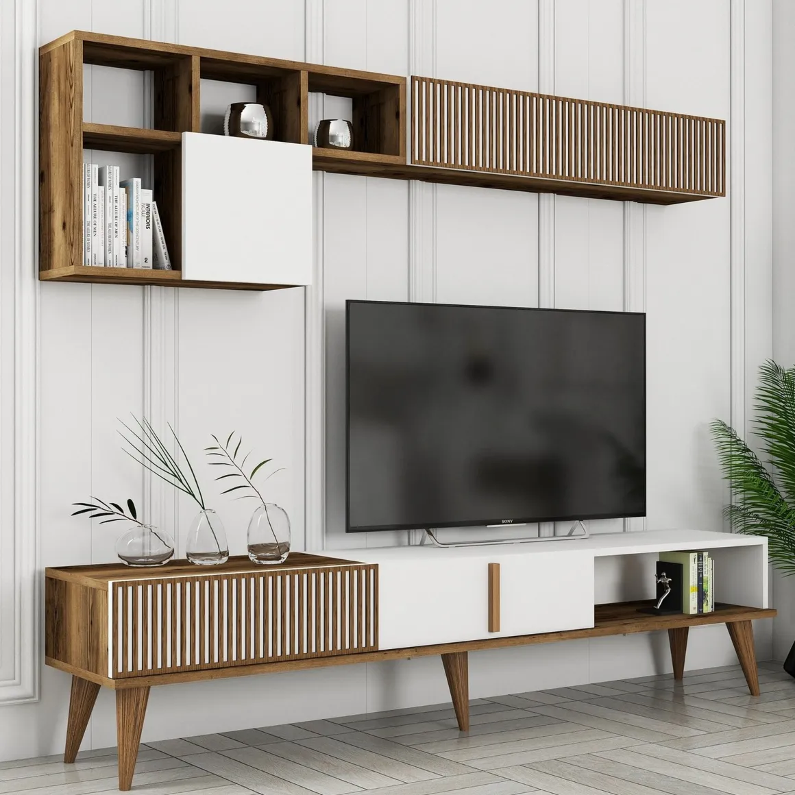 Mobili Soggiorno > Dmora Set Mobili da Soggiorno Marrone Noce Nero Antracite Modulabile 9 Ripiani, 2 Ante - Segrate Nero Antracite, Marrone Noce