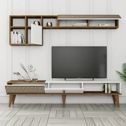 Set Mobili da Soggiorno Marrone Noce Bianco Modulabile 9 Ripiani, 2 Ante - Cassacco
