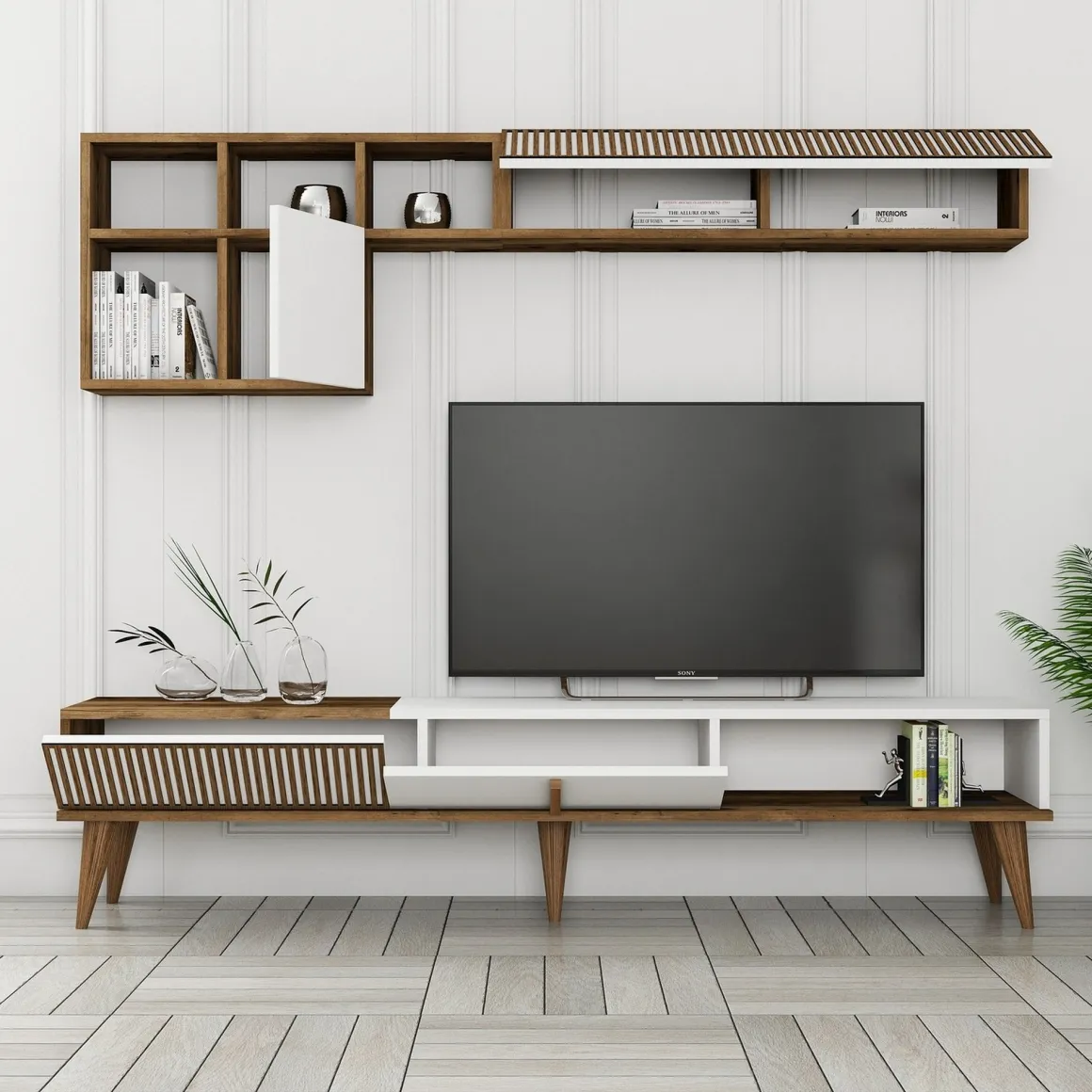 Set Mobili da Soggiorno Marrone Noce Bianco Modulabile 9 Ripiani, 2 Ante - Cassacco
