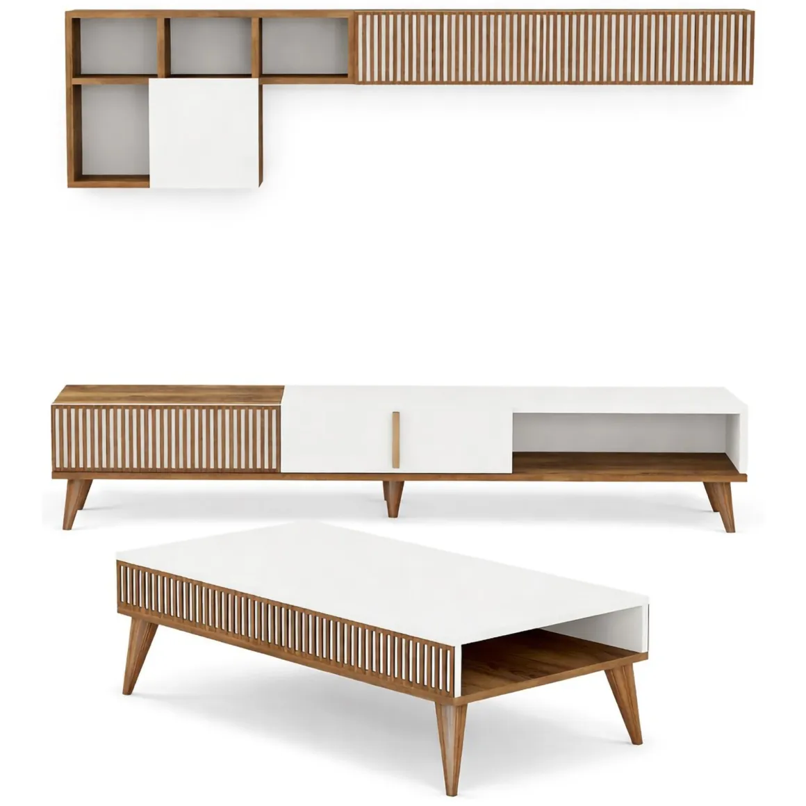 Set Mobili da Soggiorno Marrone Noce Bianco Modulabile 9 Ripiani, 2 Ante - Cassacco