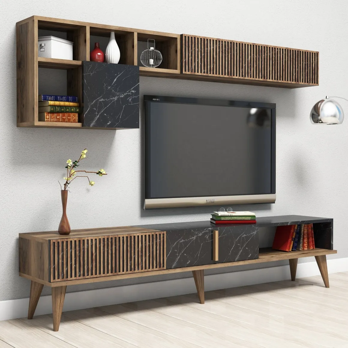 Mobili Soggiorno > Dmora Set Mobili da Soggiorno Marrone Noce Nero Modulabile 2 Ante, 2 Vani - Mornasco Nero, Marrone Noce