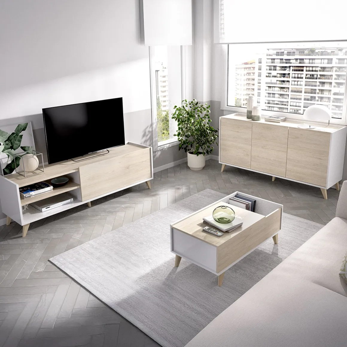 Mobili Soggiorno > Dmora Set Mobili da Soggiorno Marrone Rovere Bianco Cassetti Modulabile, 5 Ripiani - Sutter Bianco, Marrone Rovere