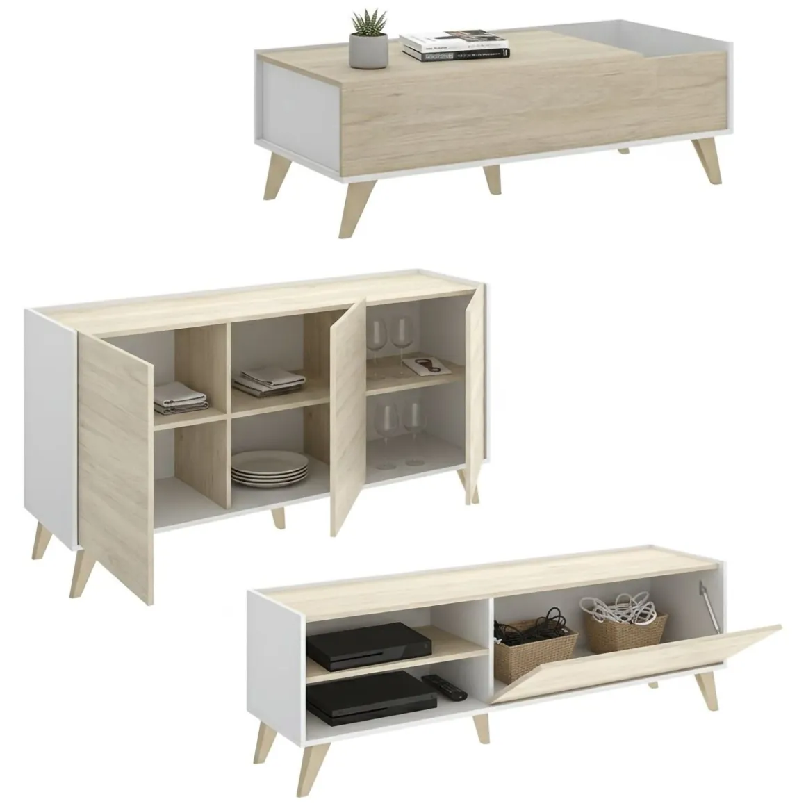 Mobili Soggiorno > Dmora Set Mobili da Soggiorno Marrone Rovere Bianco Cassetti Modulabile, 5 Ripiani - Sutter Bianco, Marrone Rovere