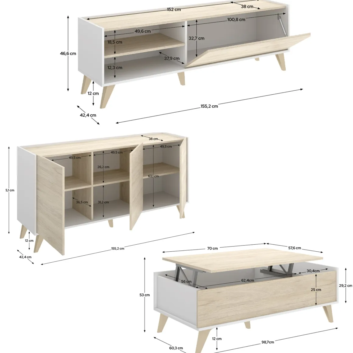 Mobili Soggiorno > Dmora Set Mobili da Soggiorno Marrone Rovere Bianco Cassetti Modulabile, 5 Ripiani - Sutter Bianco, Marrone Rovere