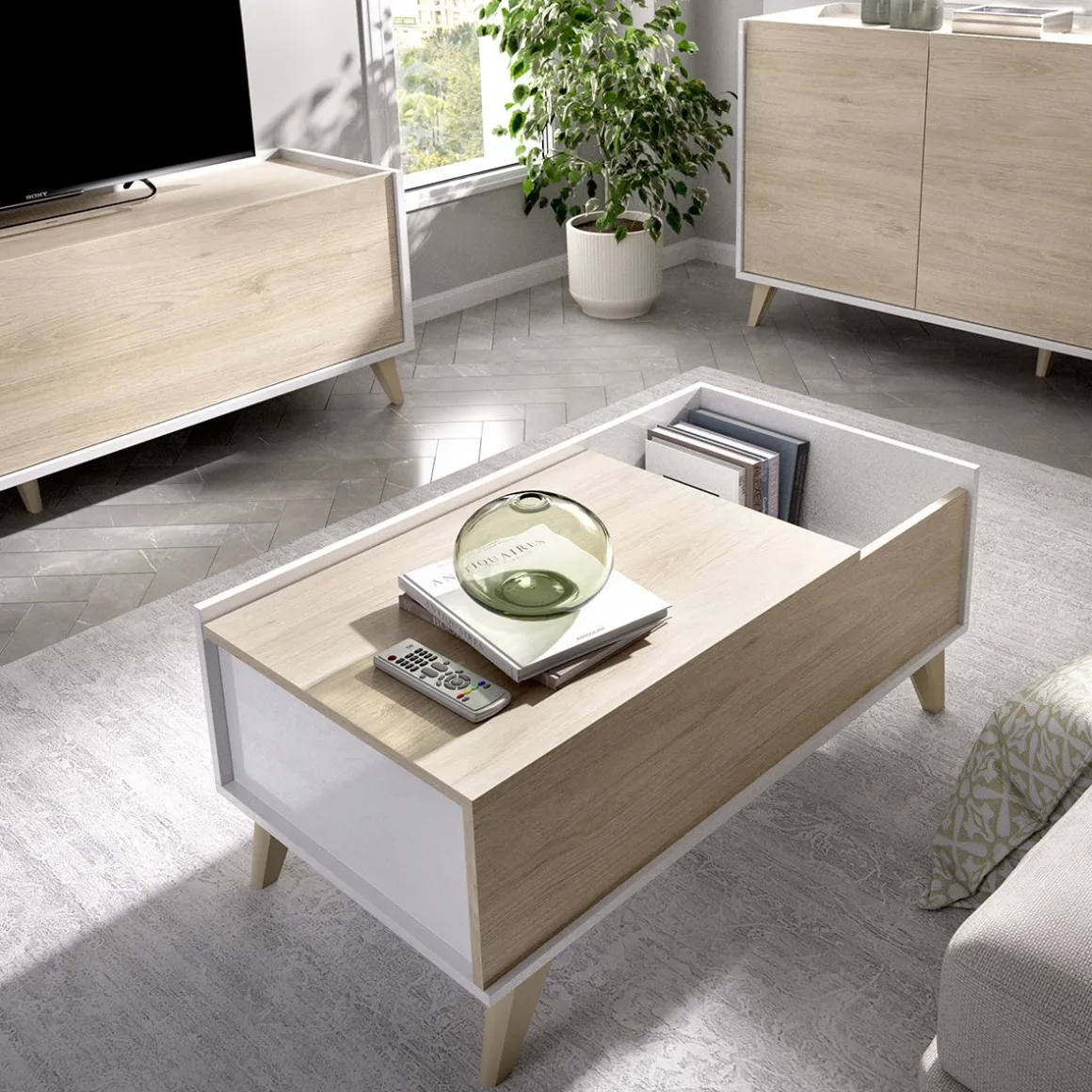 Mobili Soggiorno > Dmora Set Mobili da Soggiorno Marrone Rovere Bianco Cassetti Modulabile, 5 Ripiani - Sutter Bianco, Marrone Rovere