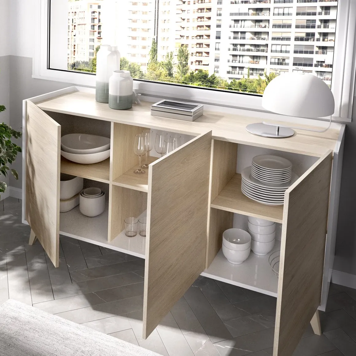 Set Mobili da Soggiorno Marrone Rovere Bianco Cassetti Modulabile, 4 Ripiani - Tellur