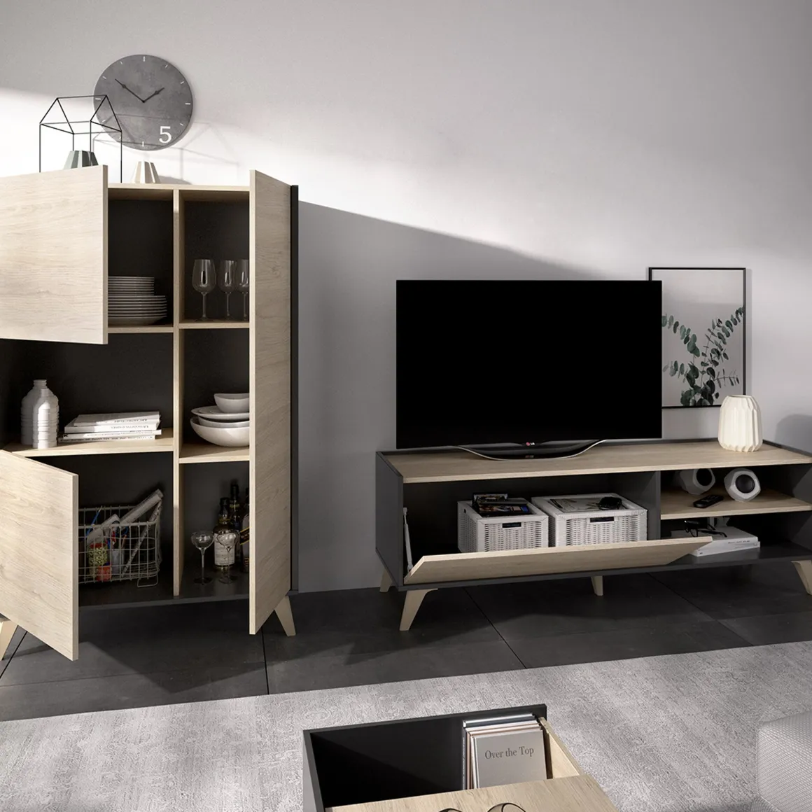 Set Mobili da Soggiorno Marrone Rovere Nero Antracite Cassetti Modulabile, 5 Ripiani - Tulare