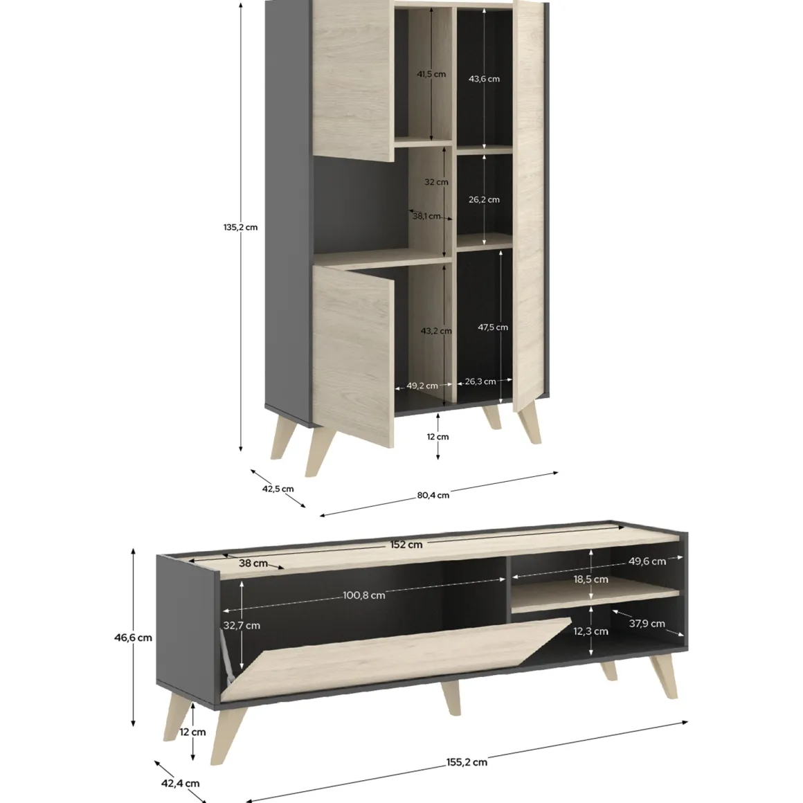Set Mobili da Soggiorno Marrone Rovere Nero Antracite Cassetti Modulabile, 5 Ripiani - Tulare