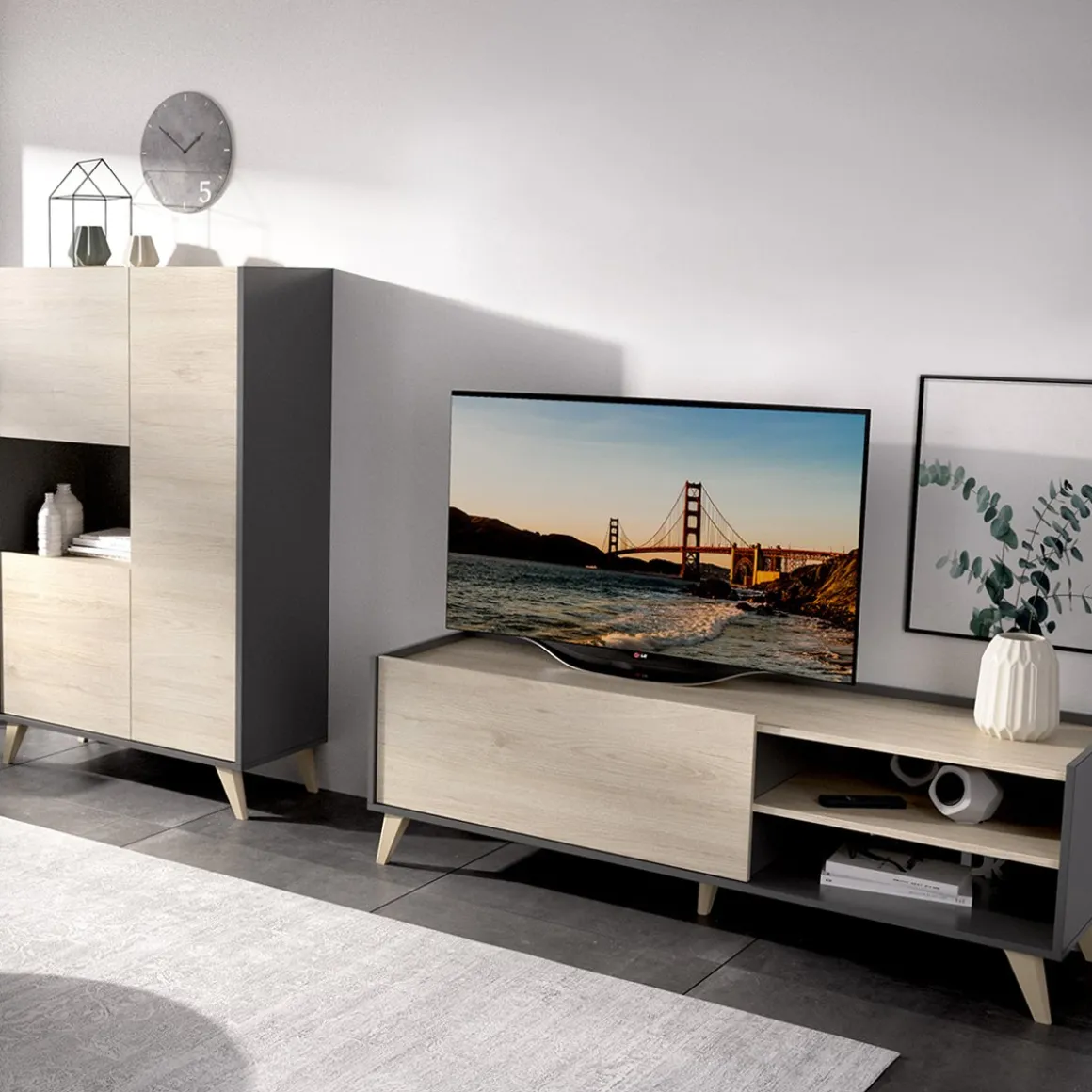 Set Mobili da Soggiorno Marrone Rovere Nero Antracite Cassetti Modulabile, 5 Ripiani - Tulare