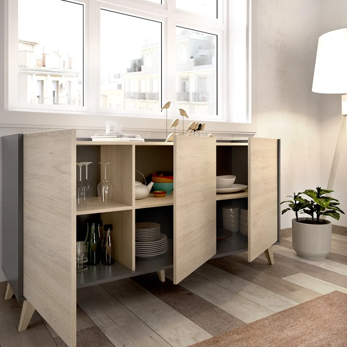 Mobili Soggiorno > Dmora Set Mobili da Soggiorno Marrone Rovere Nero Antracite Cassetti Modulabile, 5 Ripiani - Tuscola Nero Antracite, Marrone Rovere
