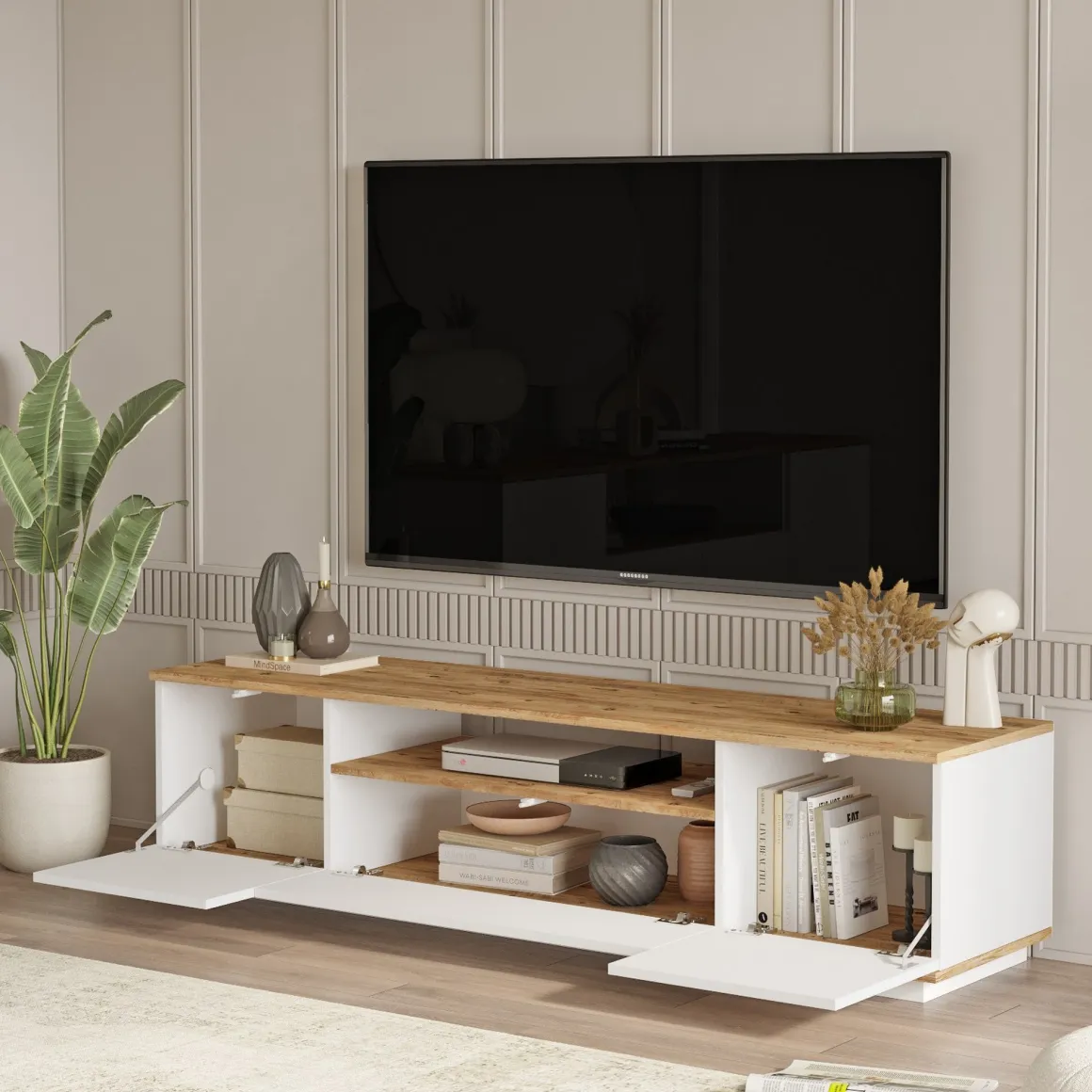 Mobili Soggiorno > Dmora Set Mobili da Soggiorno Marrone Rovere Nodi Bianco Modulabile 4 Ripiani, 3 Ante - Nepi Bianco, Marrone Rovere Nodi