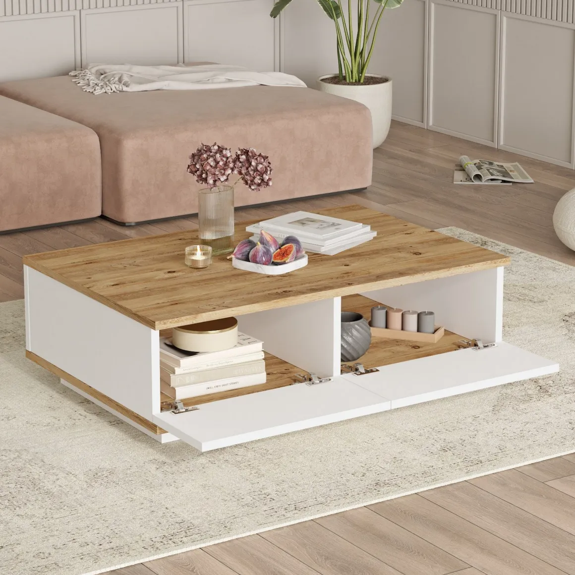 Mobili Soggiorno > Dmora Set Mobili da Soggiorno Marrone Rovere Nodi Bianco Modulabile 4 Ripiani, 3 Ante - Nepi Bianco, Marrone Rovere Nodi