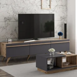 Mobili Soggiorno > Dmora Set Mobili da Soggiorno Nero Antracite Marrone Noce Modulabile 2 Ripiani, 3 Ante - Lerici Marrone Noce, Nero Antracite