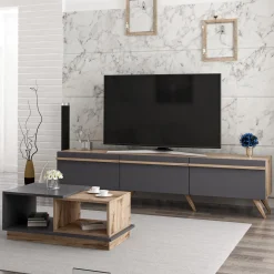 Mobili Soggiorno > Dmora Set Mobili da Soggiorno Nero Antracite Marrone Noce Modulabile 2 Ripiani, 3 Ante - Lerici Marrone Noce, Nero Antracite