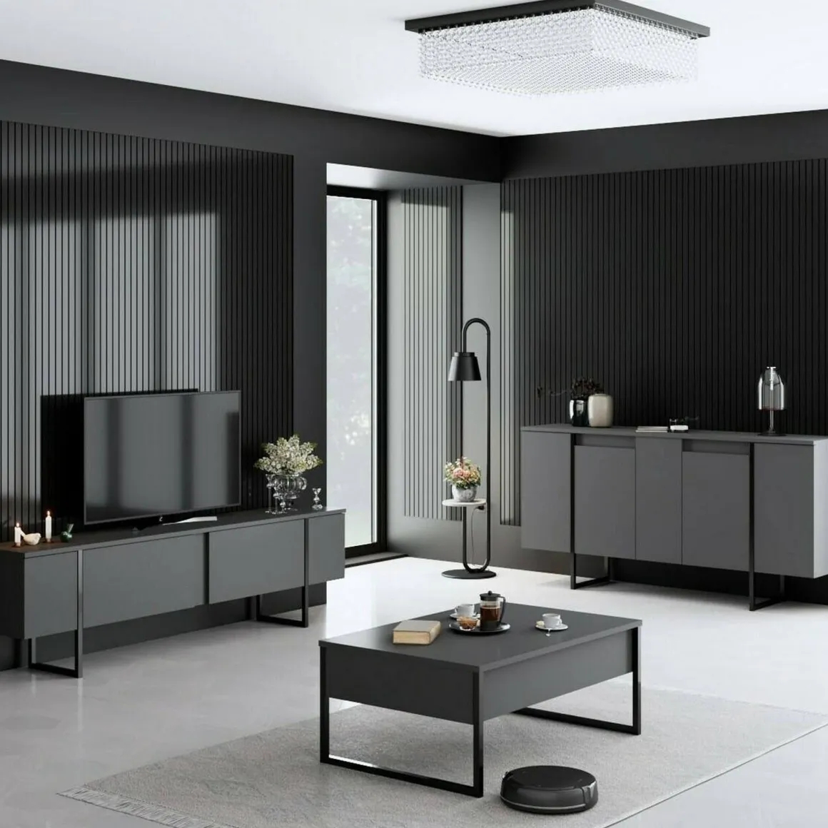 Mobili Soggiorno > Dmora Set Mobili da Soggiorno Modulabile Apertura a Ribalta, 2 Ante - Mornasco Nero Antracite