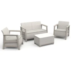 Set Da Esterno|Salotti Da Giardino > Dmora Set Salotto da Esterno 4 Posti un Tavolino, Resistente ai Raggi uv Impermeabile - Grafton Beige