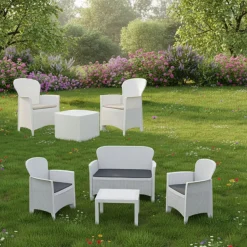 Set Salotto da Esterno Bianco Bianco 6 Posti 2 Tavolini, Impermeabile Idrorepellente Made in Italy - Dervio