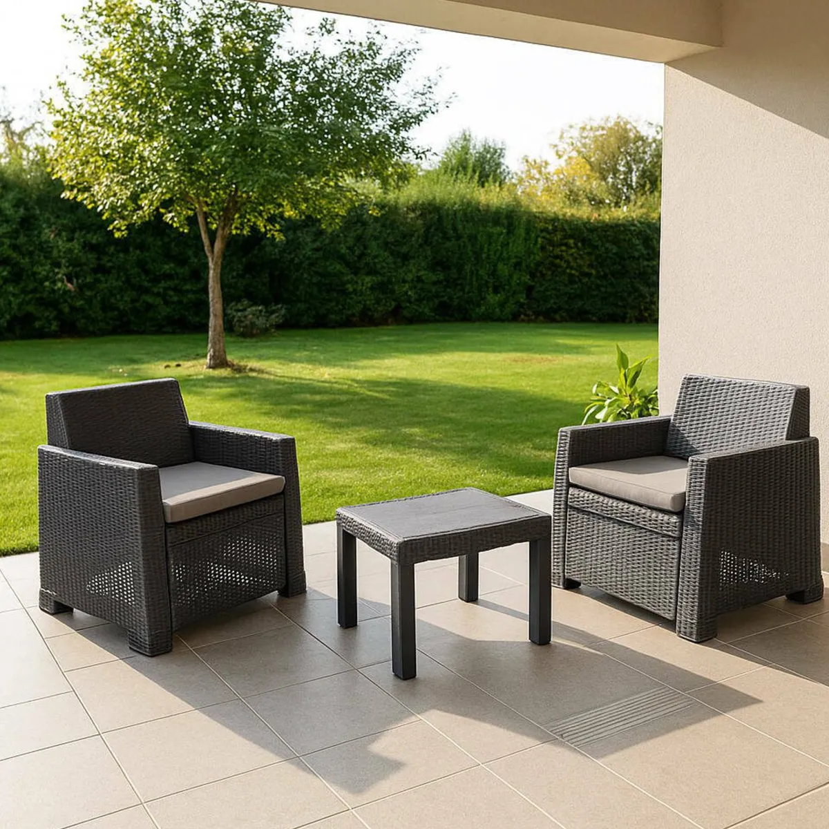 Set Da Esterno|Salotti Da Giardino > Dmora Set Salotto da Esterno 2 Posti un Tavolino, Cuscini Inclusi - Rosta Nero Antracite