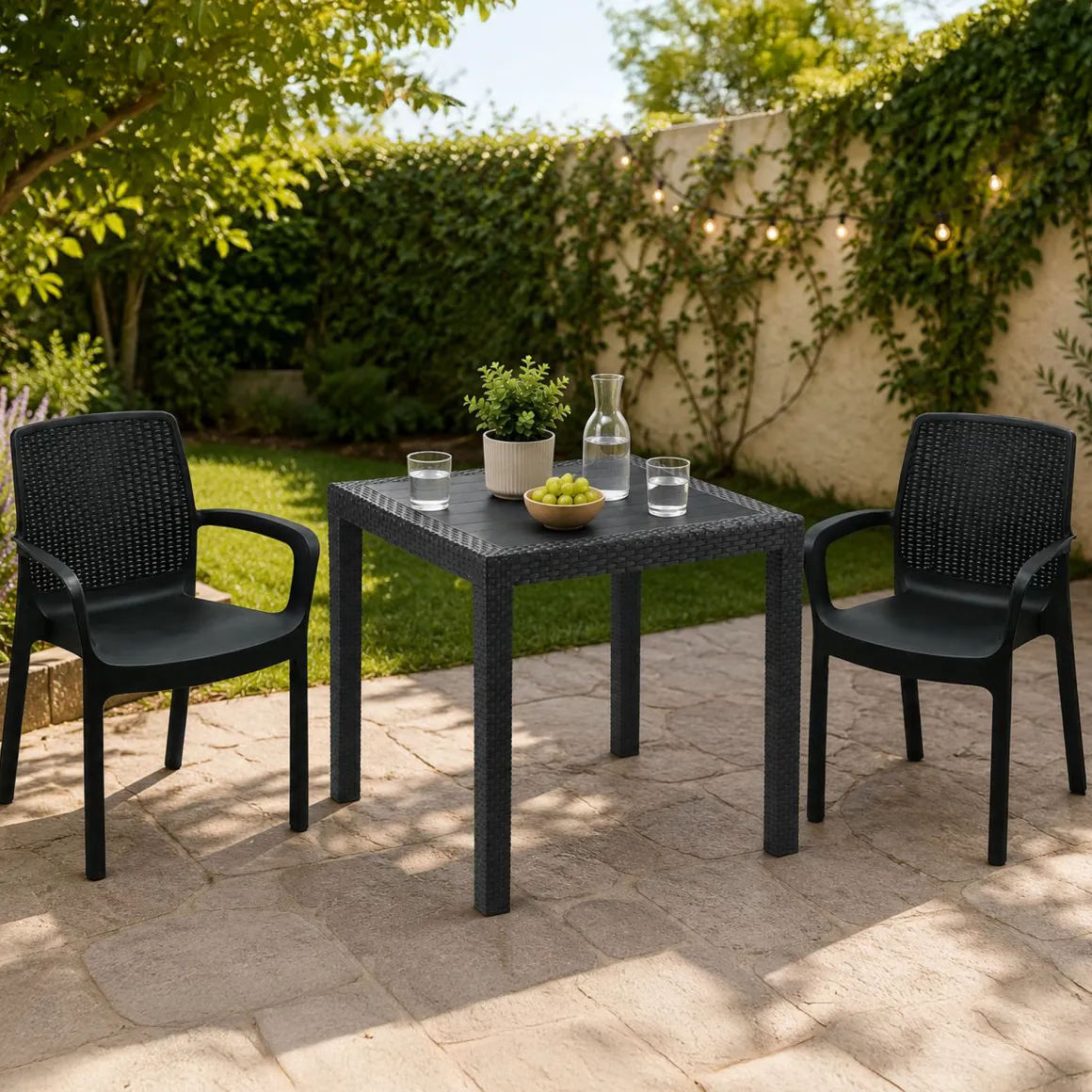 Set Salotto da Esterno Nero Antracite 2 Posti un Tavolino, Impermeabile Idrorepellente Made in Italy - Matali
