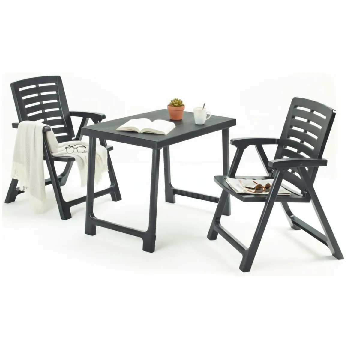 Set Salotto da Esterno Nero Antracite 2 Posti un Tavolino, set da Campeggio Bistrot Made in Italy - Lithia