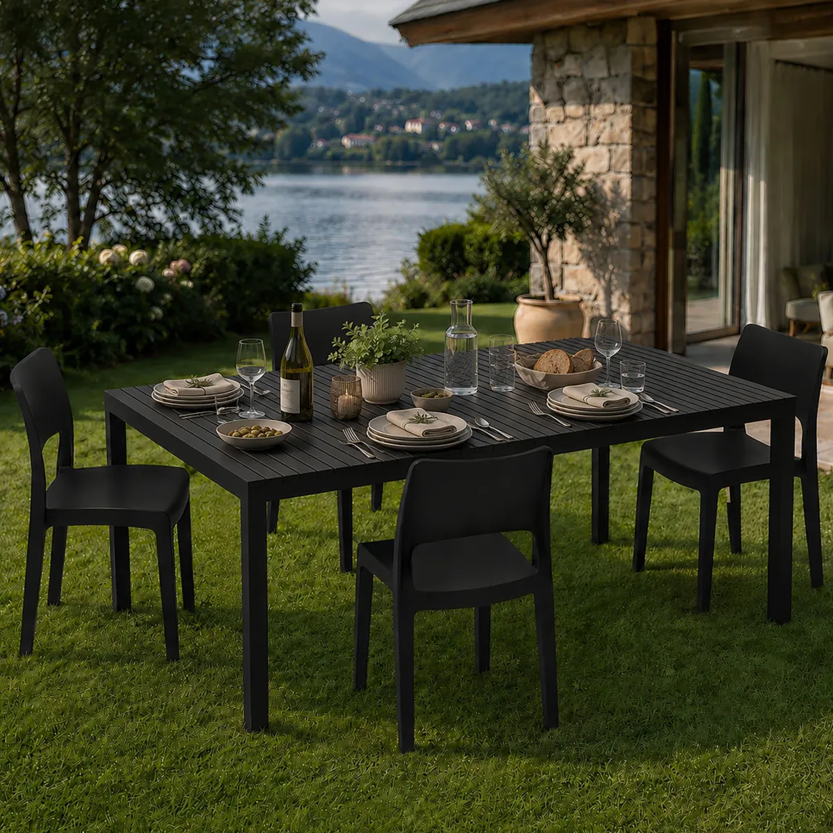 Set Da Esterno > Dmora Set Salotto da Esterno 4 Posti Tavolo Tavolo Allungabile, Finitura Effetto Doghe Made in Italy - Masisa Nero Antracite