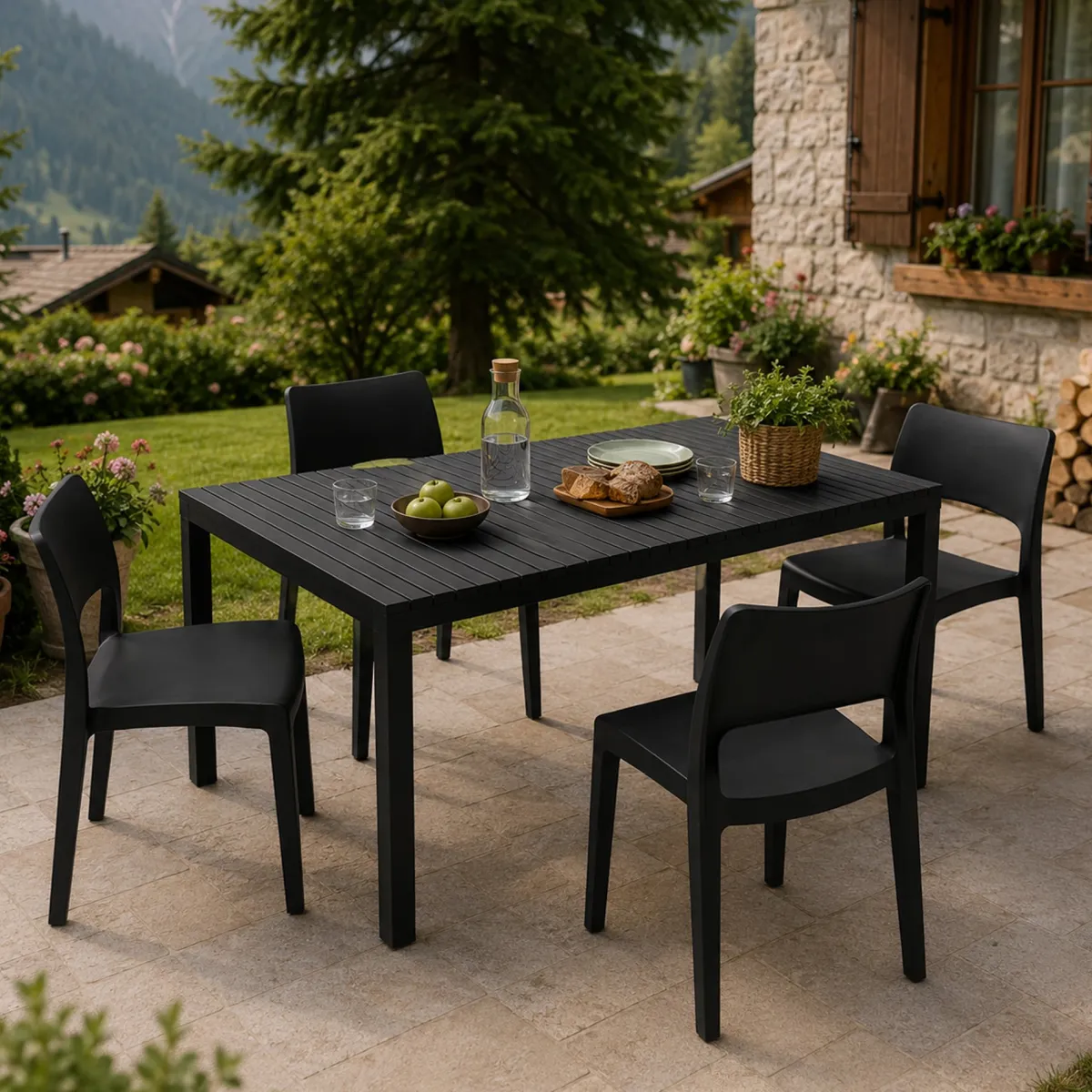 Set Da Esterno > Dmora Set Salotto da Esterno 4 Posti Tavolo Tavolo Allungabile, Finitura Effetto Doghe Made in Italy - Masisa Nero Antracite