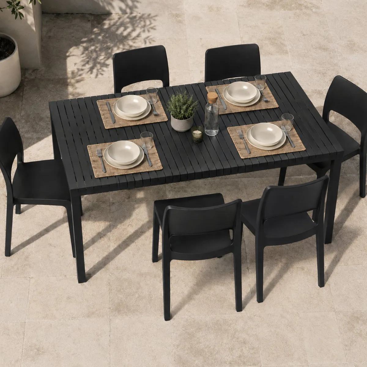 Set Da Esterno > Dmora Set Salotto da Esterno 6 Posti Tavolo Tavolo Allungabile, Finitura Effetto Doghe Made in Italy - Maseta Nero Antracite