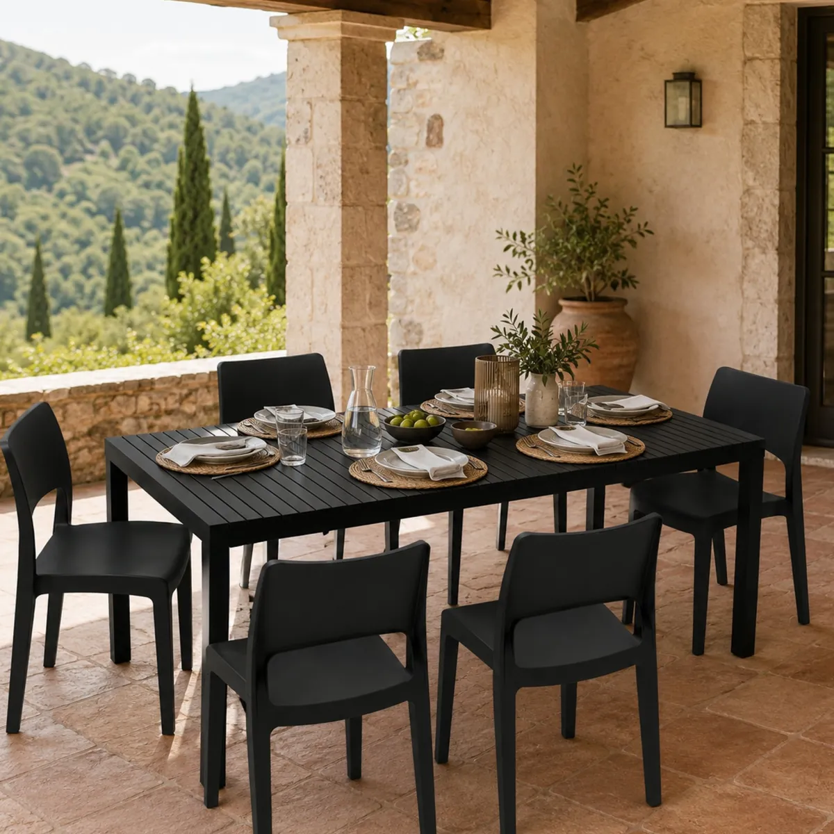 Set Da Esterno > Dmora Set Salotto da Esterno 6 Posti Tavolo Tavolo Allungabile, Finitura Effetto Doghe Made in Italy - Maseta Nero Antracite