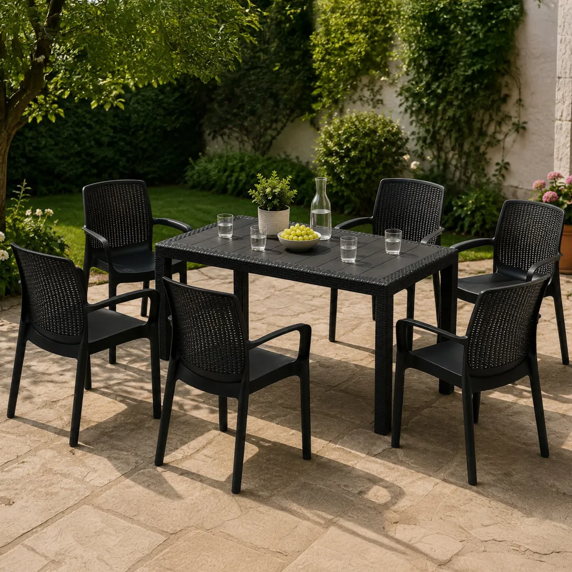 Set Da Esterno > Dmora Set Salotto da Esterno 8 Posti Tavolo Tavolo Allungabile, Finitura Effetto Doghe Made in Italy - Masiba Nero Antracite
