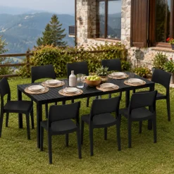 Set Da Esterno > Dmora Set Salotto da Esterno 8 Posti Tavolo Tavolo Allungabile, Finitura Effetto Doghe Made in Italy - Masiba Nero Antracite