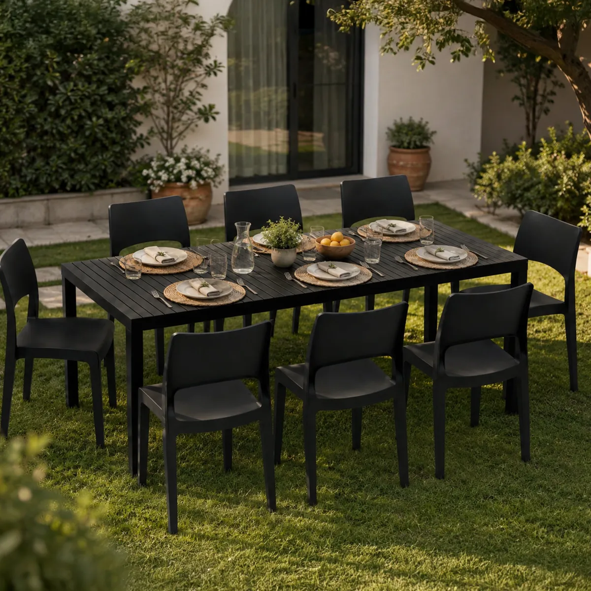 Set Da Esterno > Dmora Set Salotto da Esterno 8 Posti Tavolo Tavolo Allungabile, Finitura Effetto Doghe Made in Italy - Masiba Nero Antracite