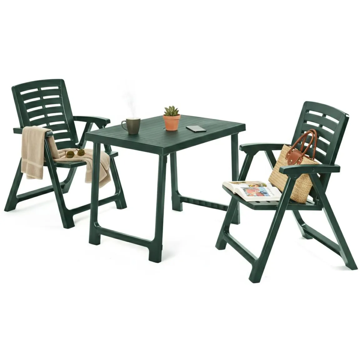 Set Salotto da Esterno Verde Antracite 2 Posti un Tavolino, set da Campeggio Bistrot Made in Italy - Lithia