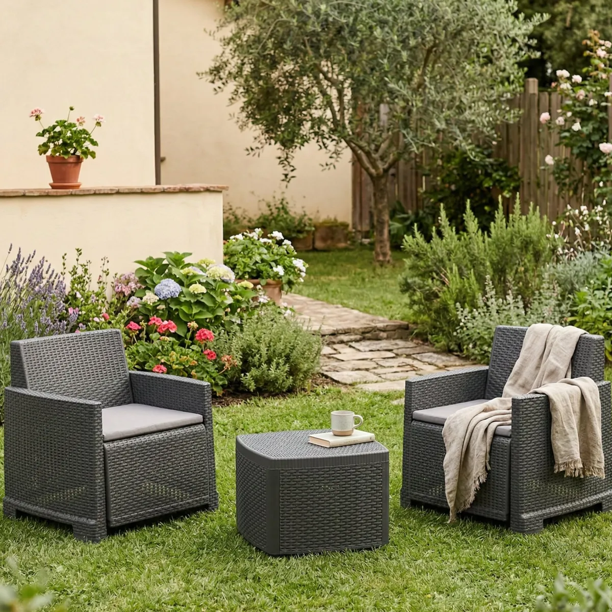 Set Da Esterno|Outdoor > Dmora Set salotto esterno 2 poltroncine e 1 tavolino contenitore antracite - Ari Nero Antracite