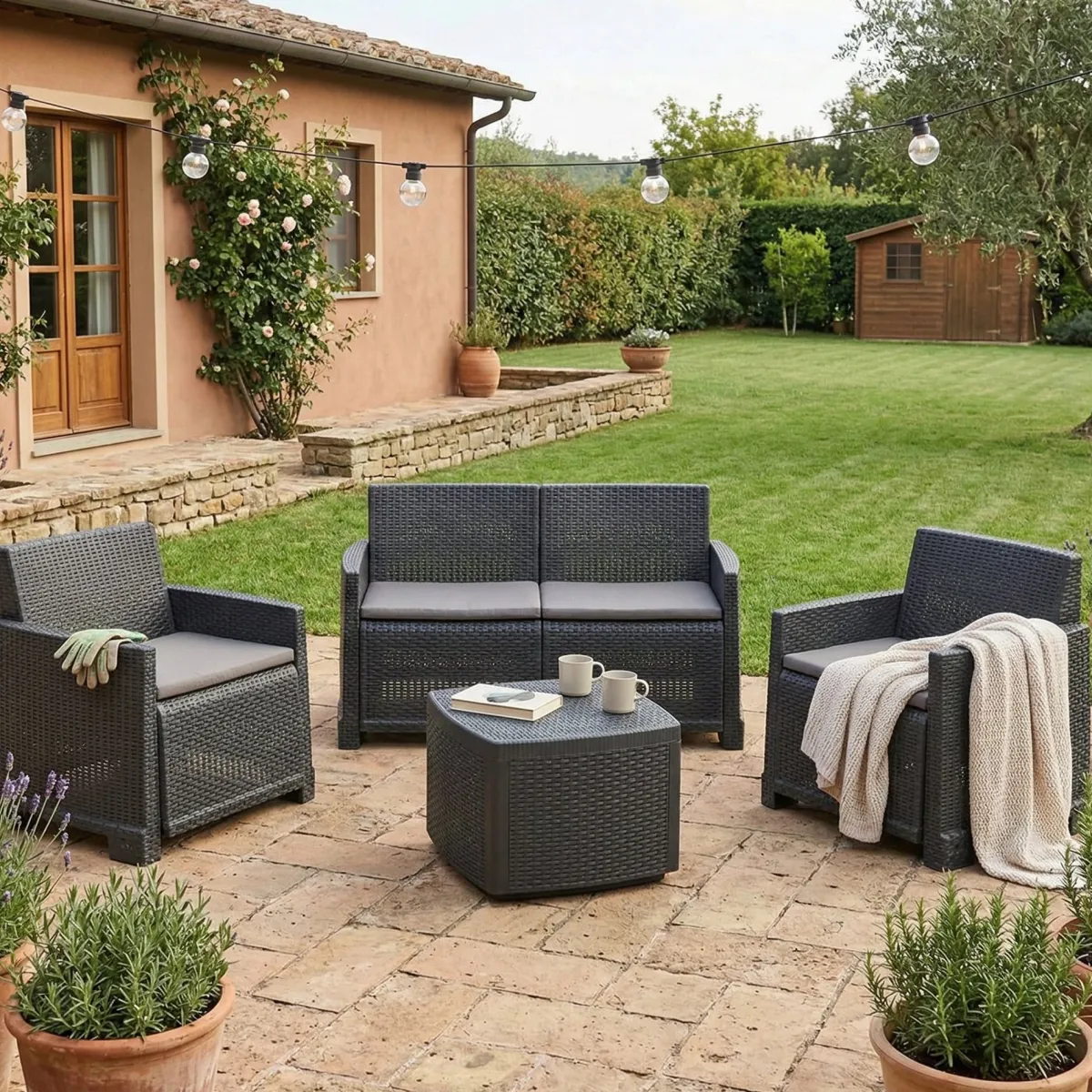 Set Da Esterno|Outdoor > Dmora Set salotto esterno 4 poltrone e 1 divano antracite - Amer Nero Antracite