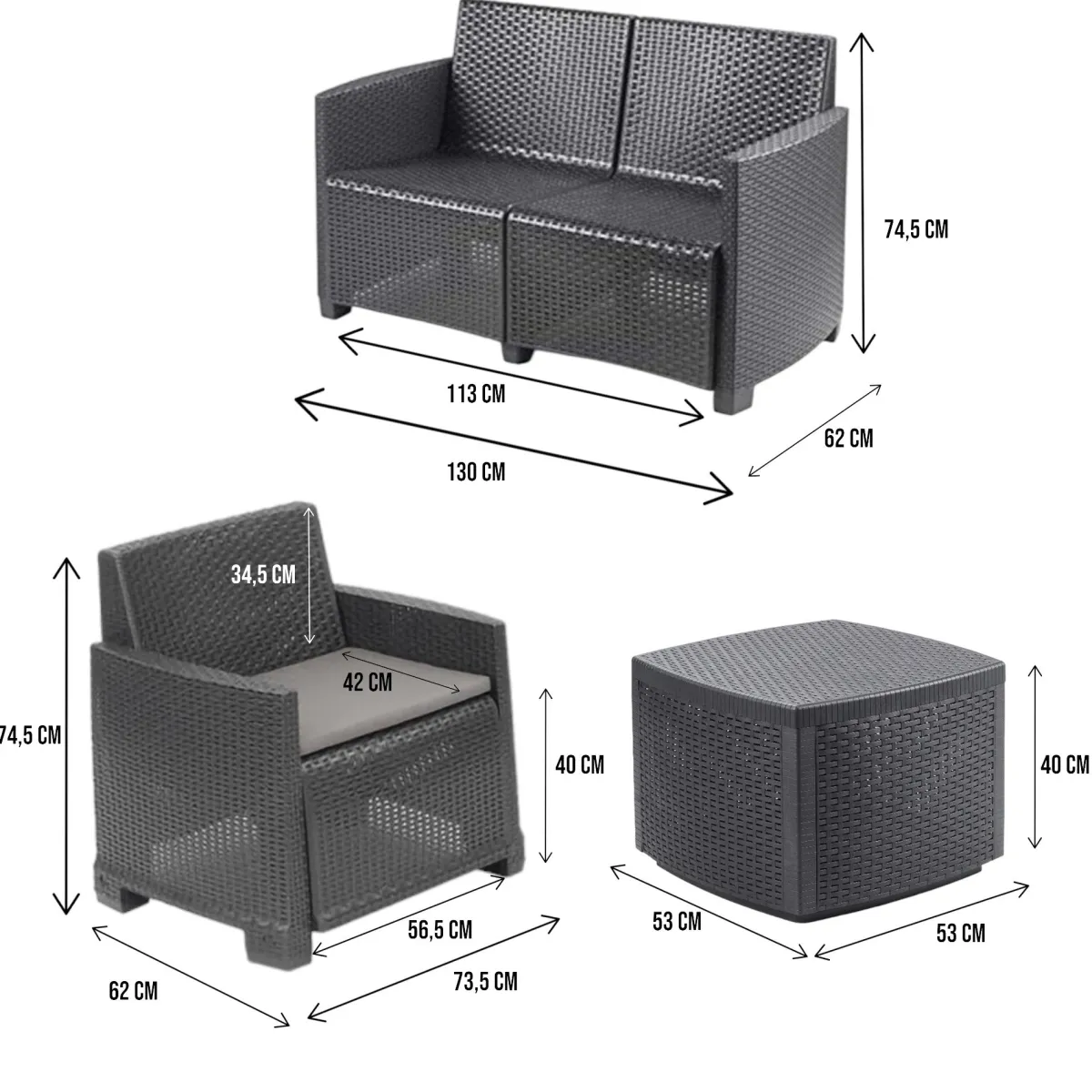 Set Da Esterno|Outdoor > Dmora Set salotto esterno 4 poltrone e 1 divano antracite - Amer Nero Antracite