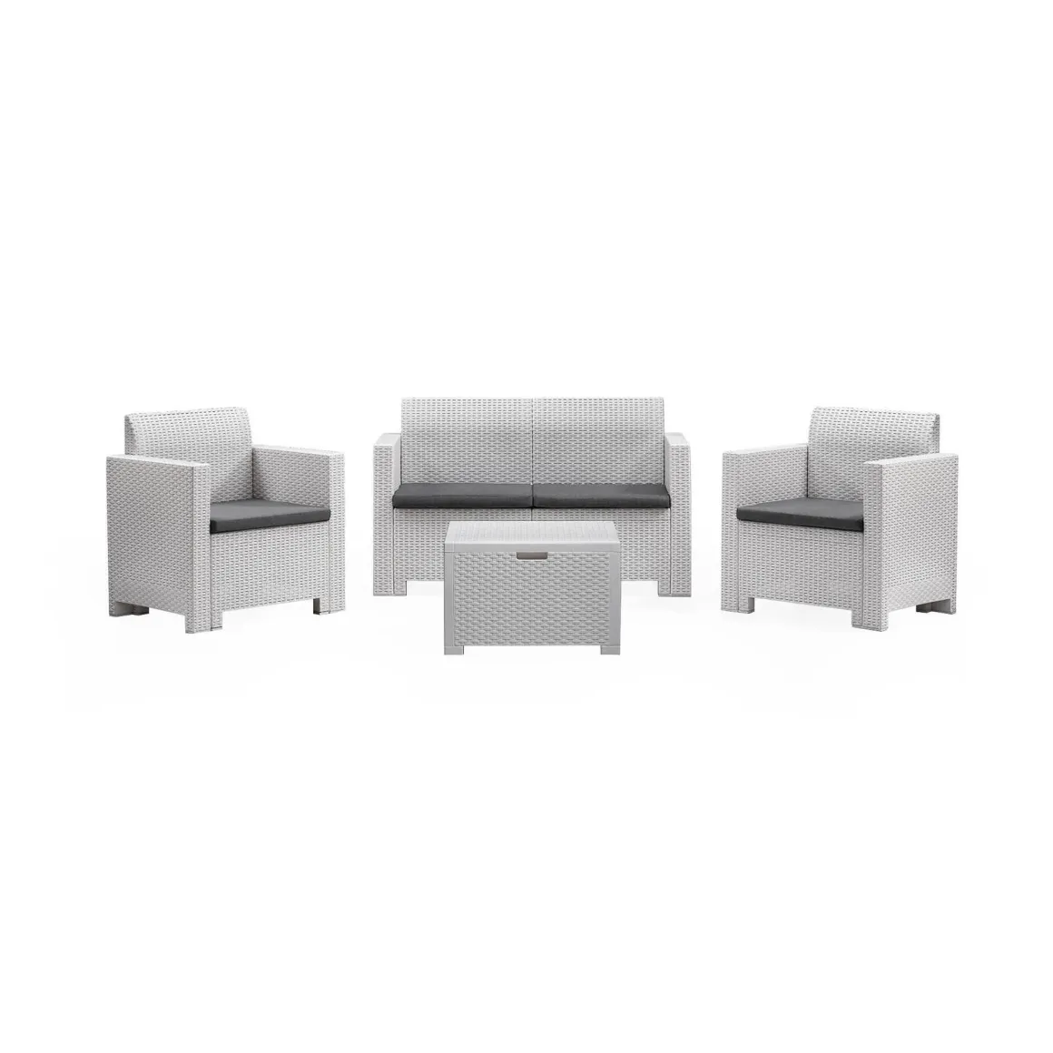 Set salotto esterno poltrone e divano con tavolino contenitore bianco - Gazania