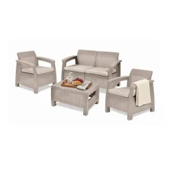 Set salotto esterno 3 posti e 1 tavolo effetto rattan beige - Nelson