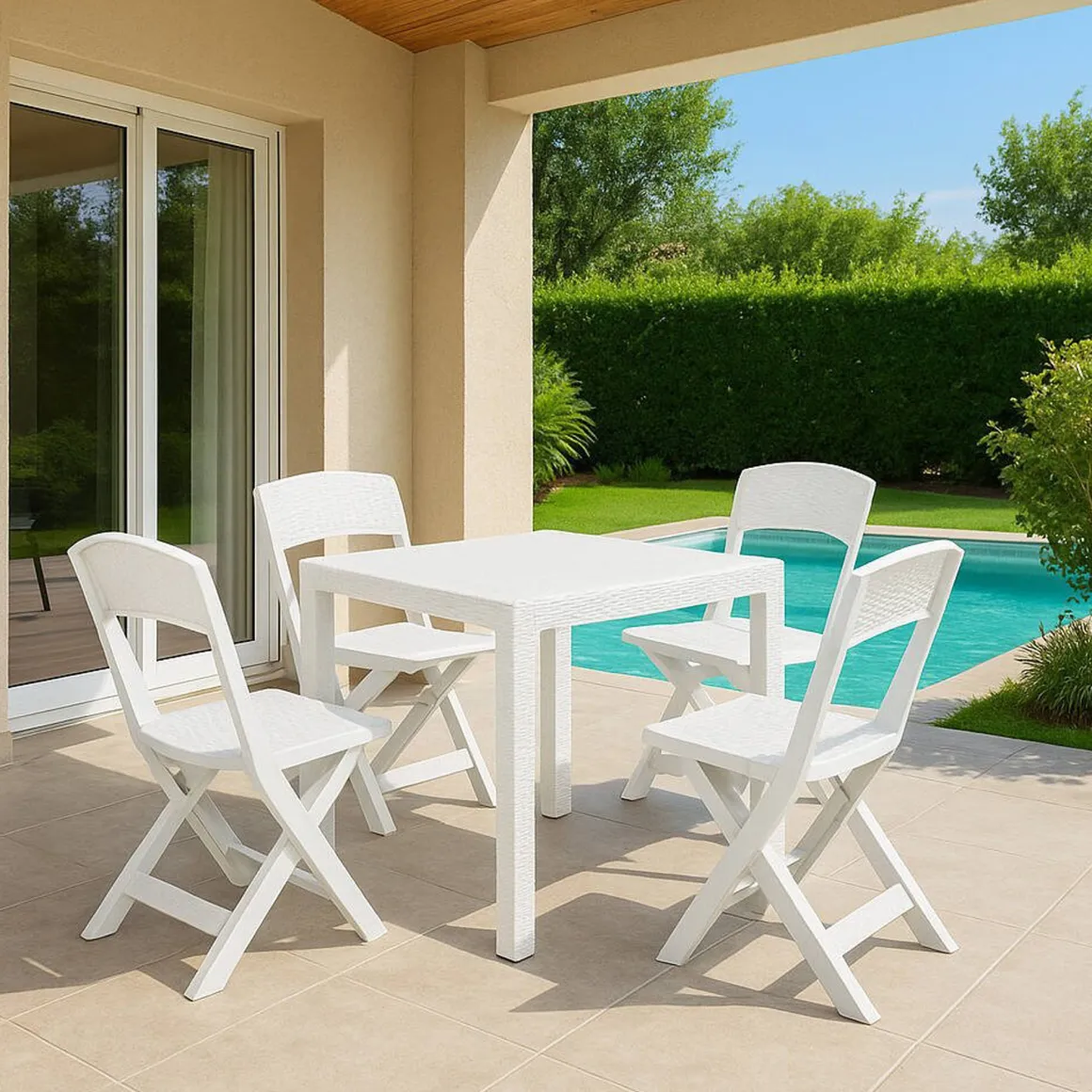 Set salotto esterno 4 sedie 1 tavolo quadrato bianco - Sanzeno