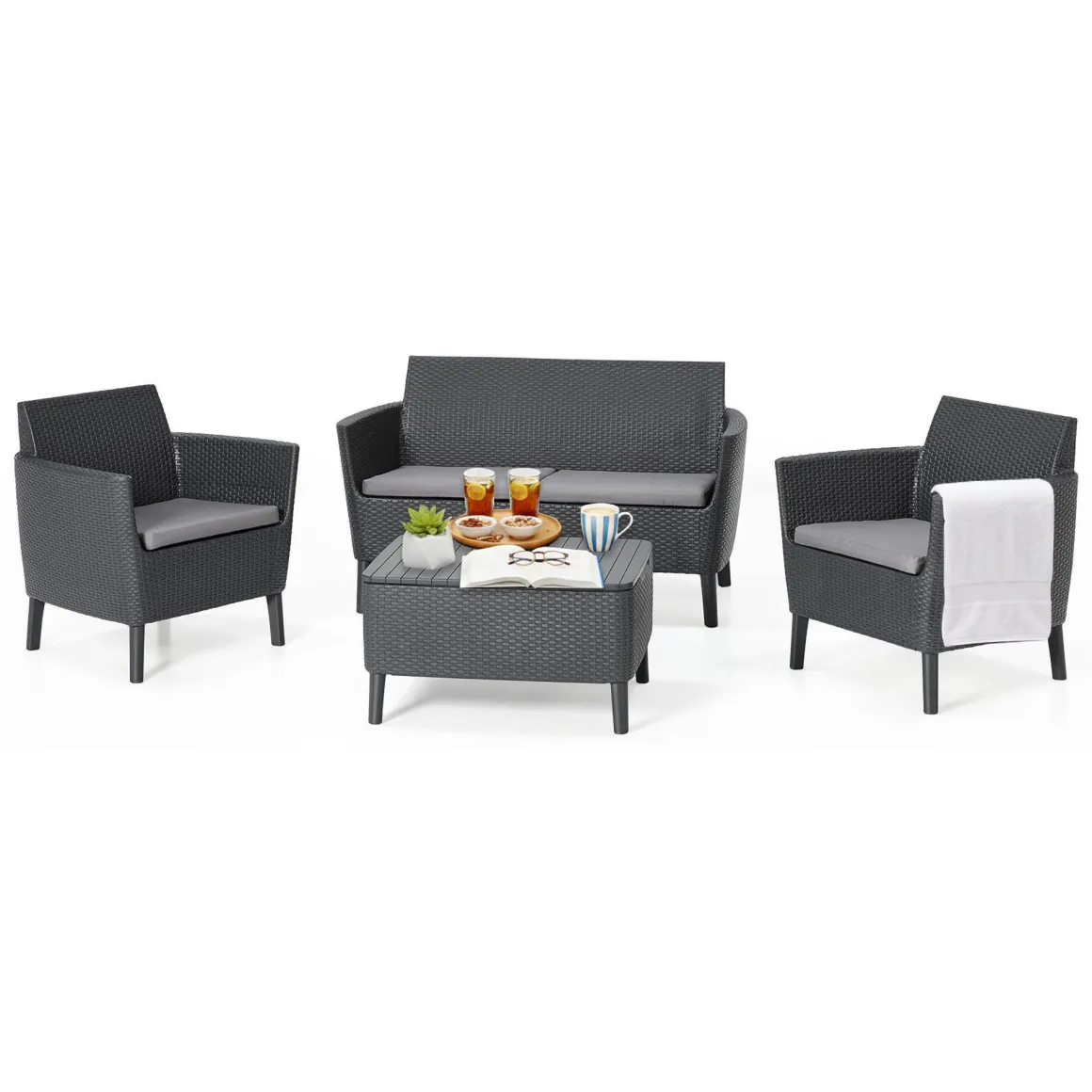 Set Da Esterno|Salotti Da Giardino > Dmora Set salotto giardino poltrone e divano effetto rattan antracite - Cameri Nero Antracite