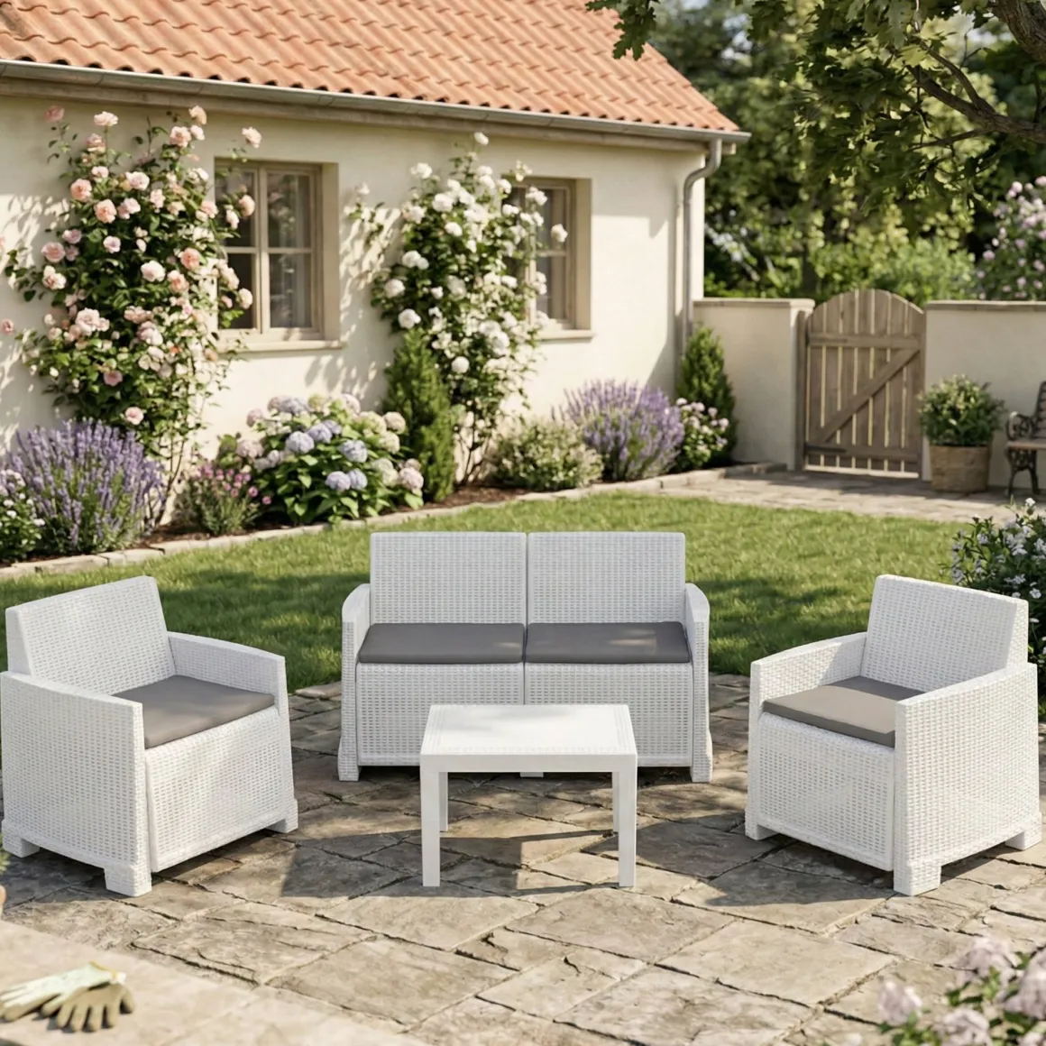 Set Da Esterno|Outdoor > Dmora Set salotto giardino 4 posti e 1 tavolo effetto rattan - Gazania Marrone