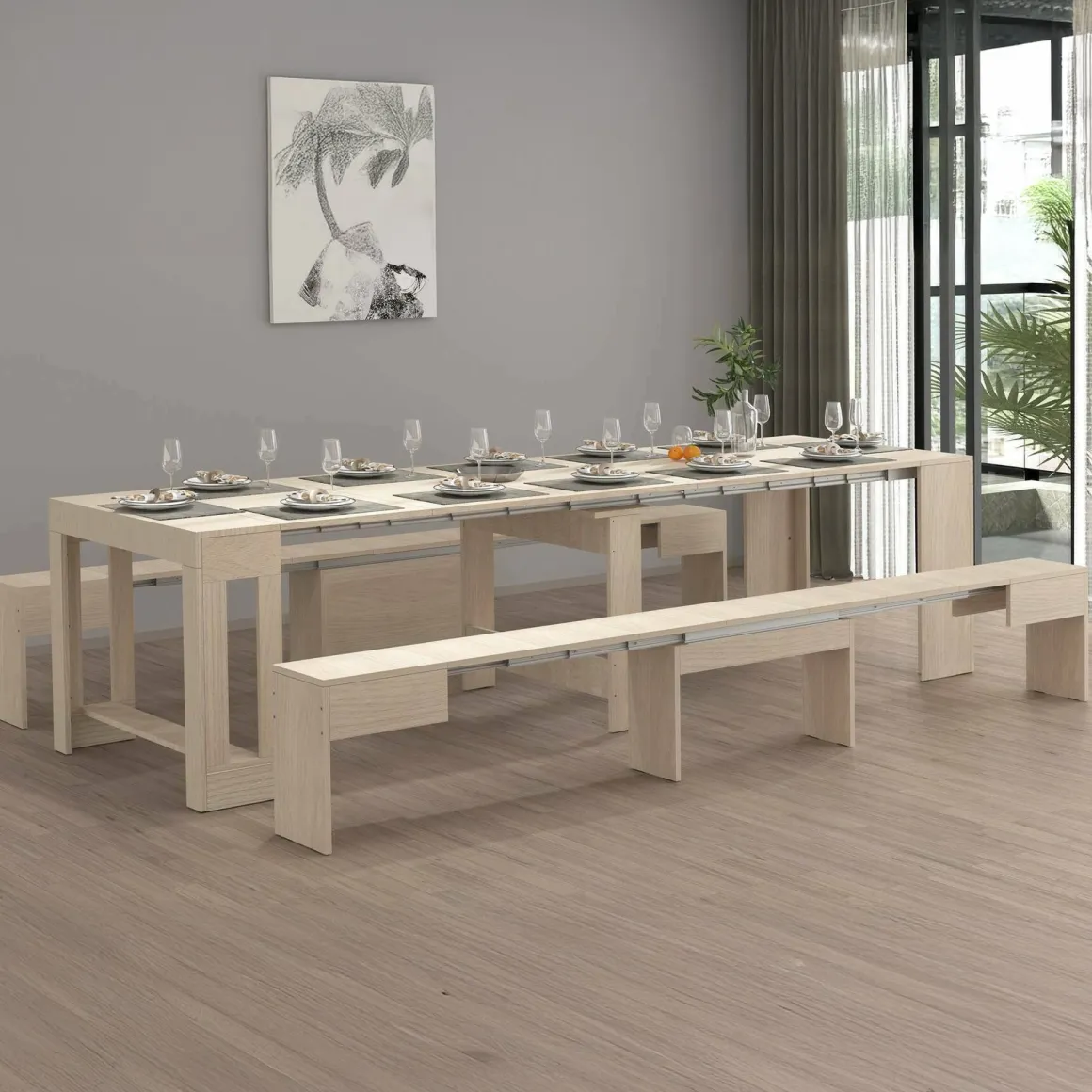 Set tavolo allungabile e 2 panche allungabili effetto legno 12 posti - Auditore