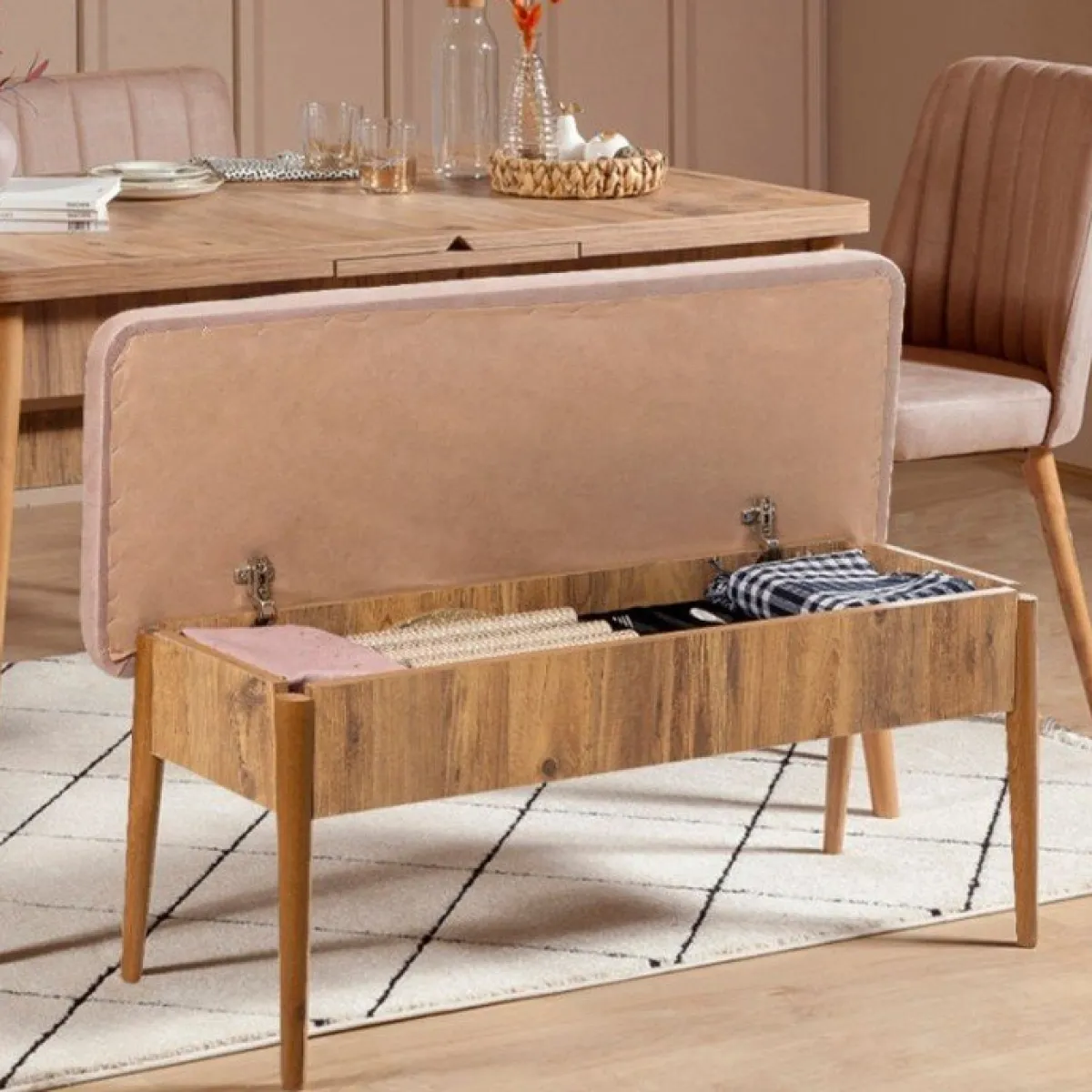 Set Tavolo E Sedie > Dmora Set tavolo allungabile 8 posti 2 sedie e 1 panca in legno - Padru Grigio Cemento, Marrone Quercia